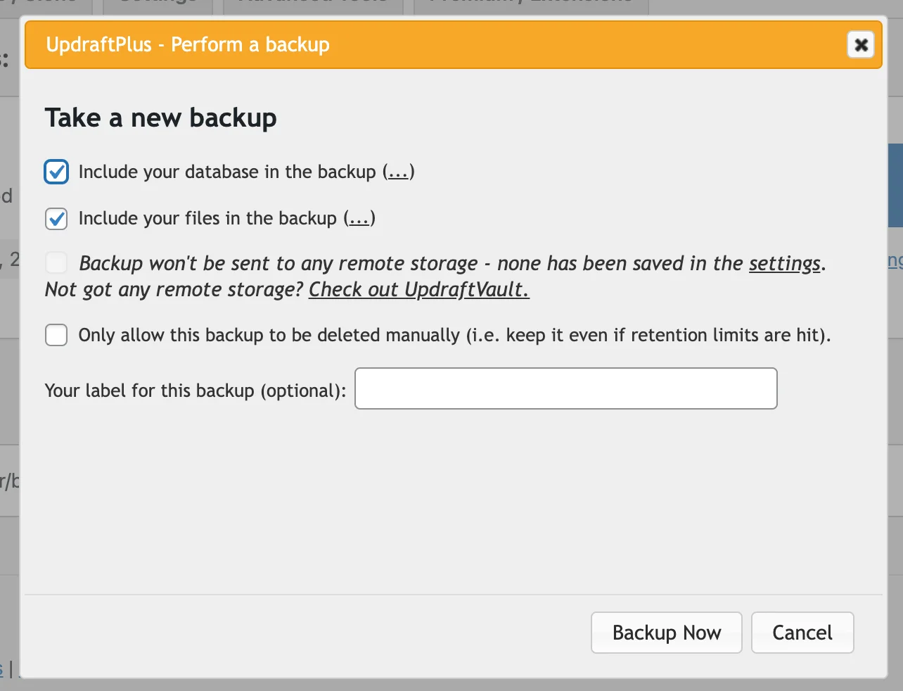 'Perform a new backup' dialogue in UpdraftPlus