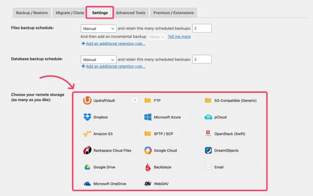 In the UpdraftPlus 'Settings' tab choose remote storage from the options in 'Choose your Remote storage' section