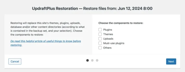 from the Restoration Wizard choose components to restore