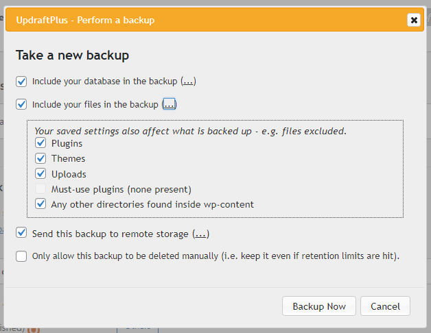 in the 'Perform a backup' dialogue select '...' next to 'Include your files in backup' checkbox and select the items