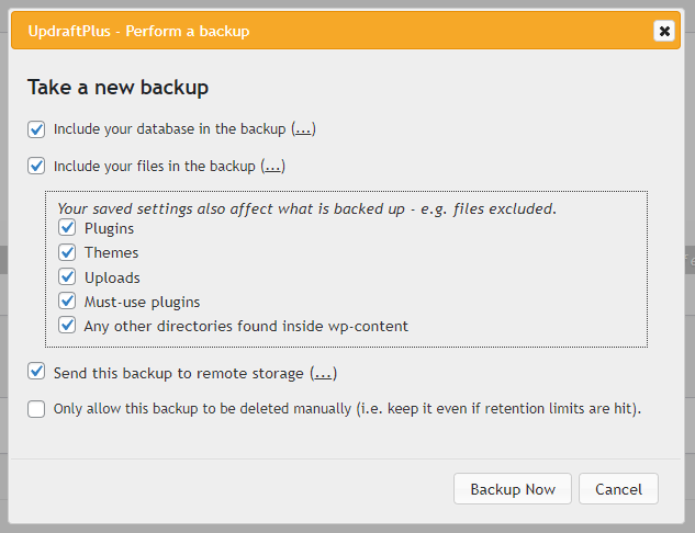 to take a new backup check all checkboxes in 'Perform a backup' dialogue