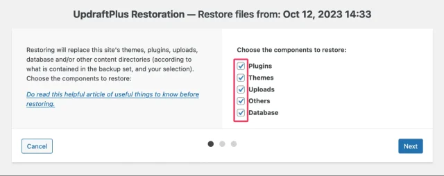 from the UpdraftPlus Restoration Wizard choose components to restore by selecting their checkboxes