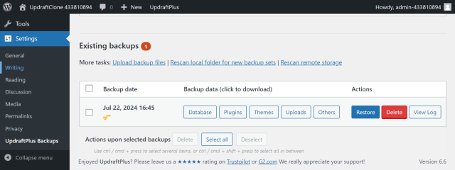 Existing backup log for Amazon S3