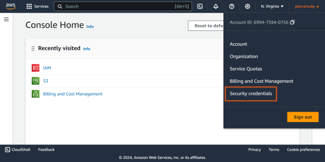 Select your account name from the top bar and then select 'Security Credentials' page