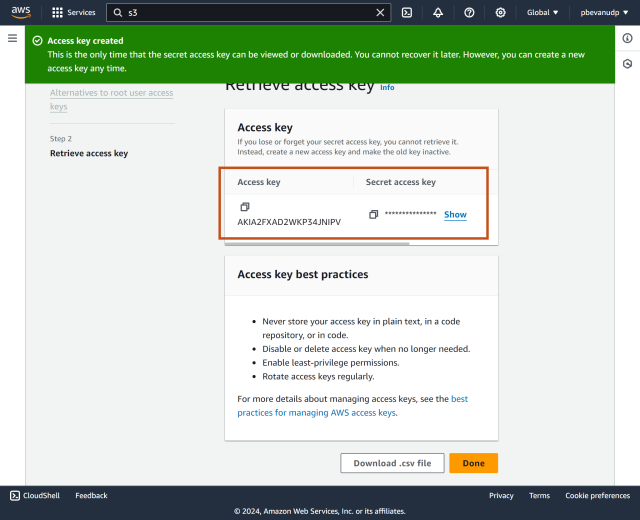 Note down the access key by selecting 'Show' button in the 'Access key' section