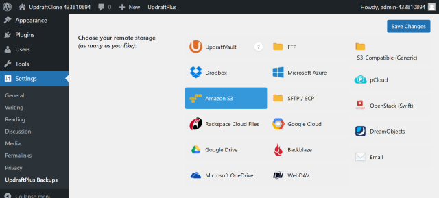 Select Amazon S3 from the 'Choose your remote storage' section