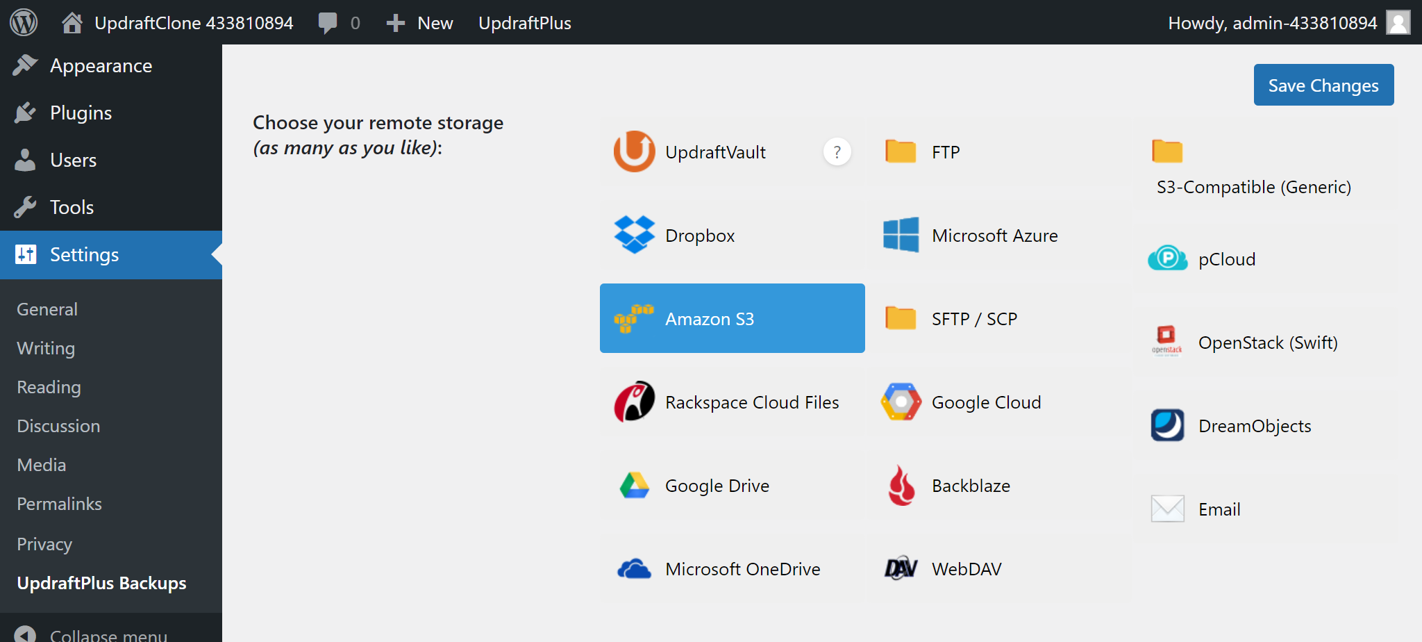 Select Amazon S3 from the 'Choose your remote storage' section