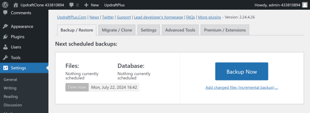 Create a test backup by selecting the 'Backup Now' button