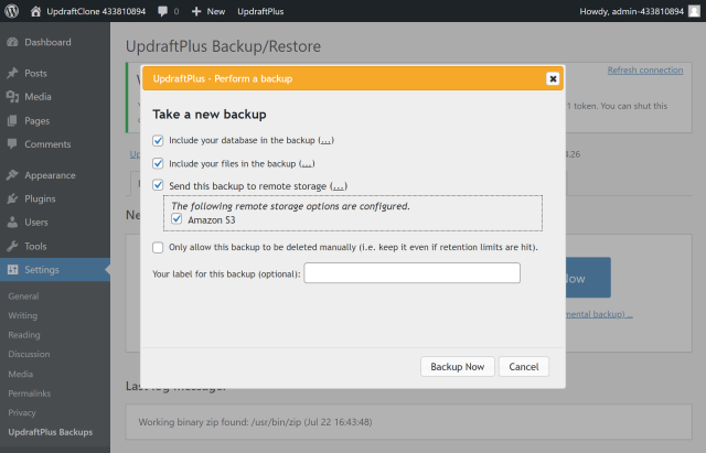 Start the backup process by selecting 'Amazon S3' button in the 'Perform a backup' dialogue