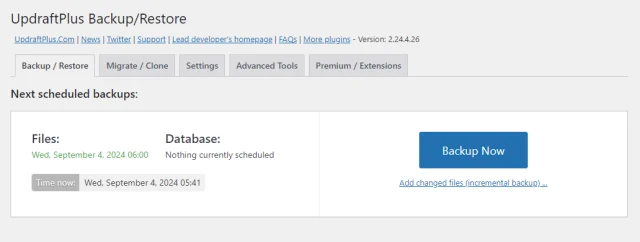 Updraft plus backup restore tab