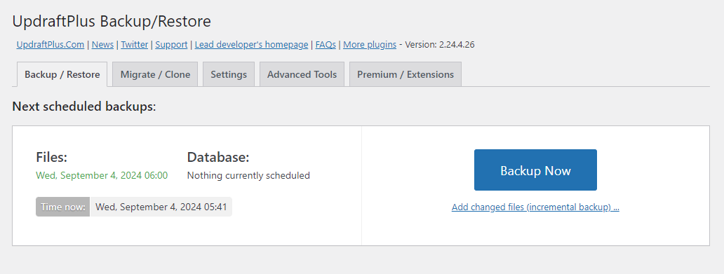 Updraft plus backup restore tab