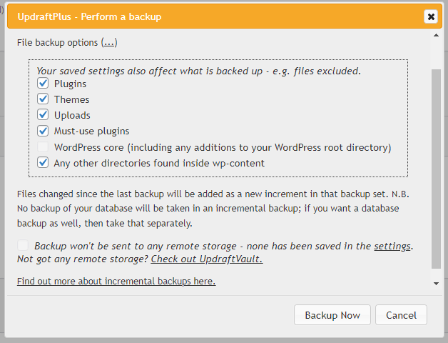 Updraft plus perform a backup dialogue