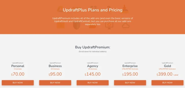 UpdraftPlus Premium pricing page, plans start at $70