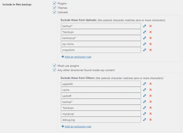 'Include in files backup' options