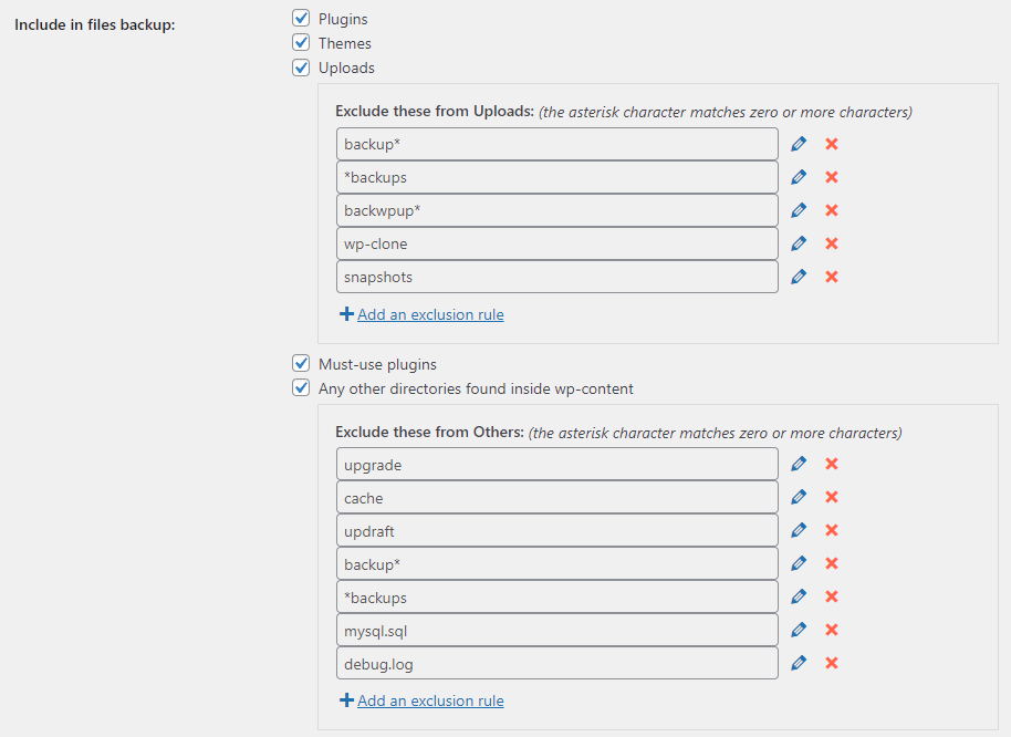 'Include in files backup' options