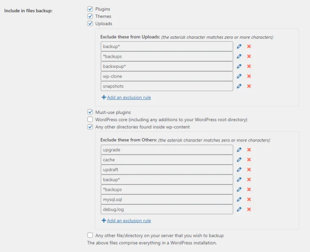 'Include in files backup' options