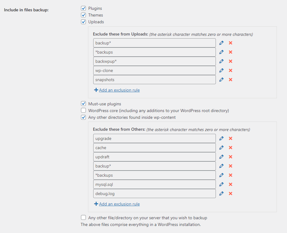 'Include in files backup' options