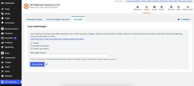 WP-Optimize lazy loading tab options