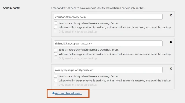 In the 'Send reports' section select '+Add another address' button