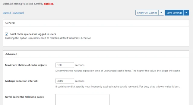 W3 Total Cache 'General' settings