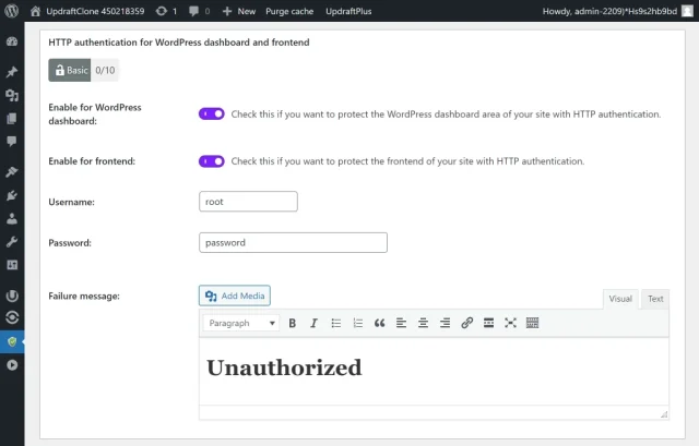 In the 'HTTP authentication for WordPress dashboard and frontend', select enable for both WordPress dashboard and frontend.