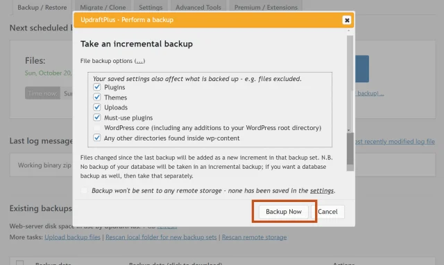 In 'Perform a backup' dialogue box, select 'Backup Now' button to take an incremental backup