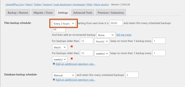 In 'Settings' tab choose 'Files backup schedule' from the dropdown list