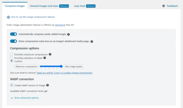 WP Optimize 'Compress image' tab settings