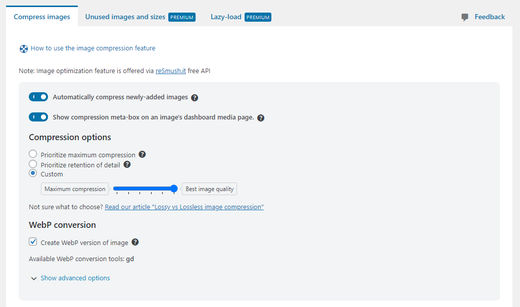 WP Optimize 'Compress image' tab settings
