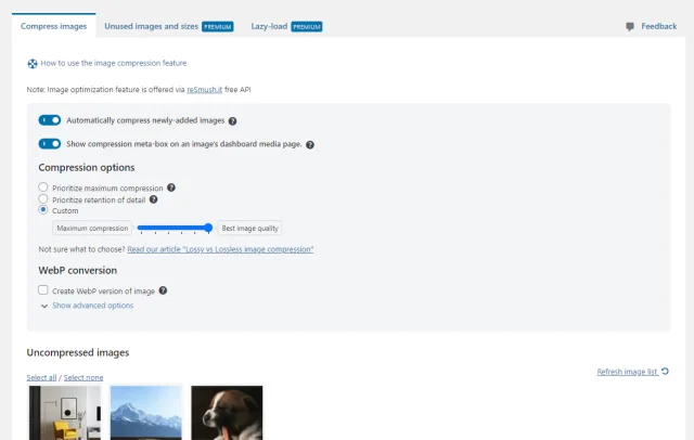 WP Optimize 'Compress images' tab options