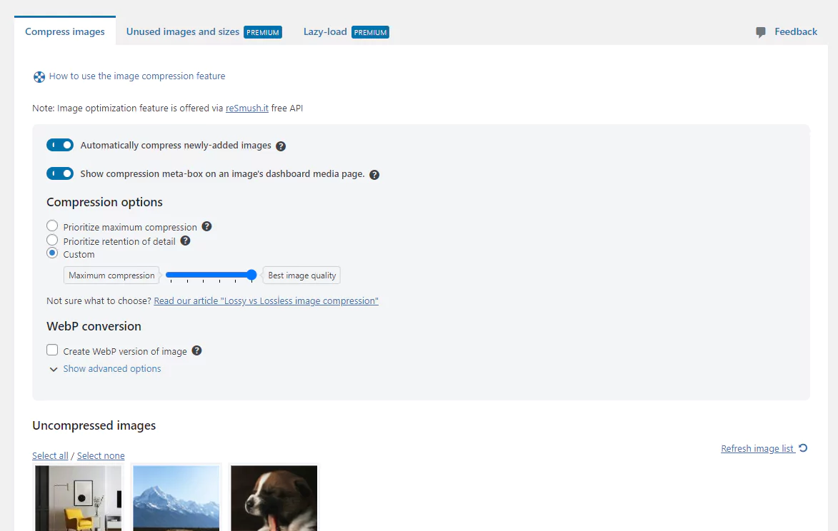 WP Optimize 'Compress images' tab options