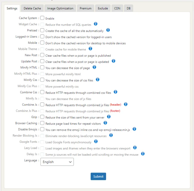 WP fastest cache settings
