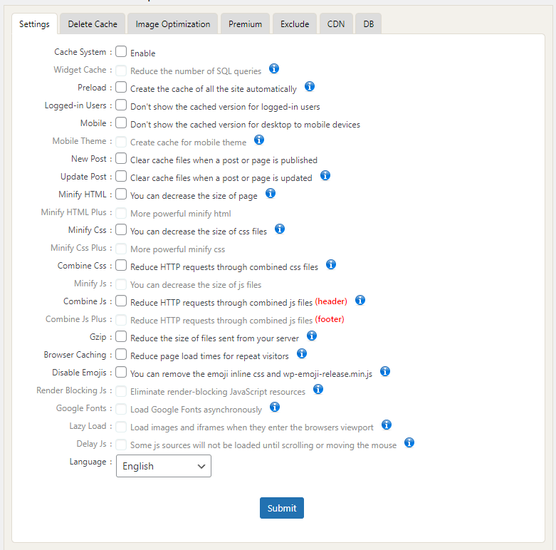 WP fastest cache settings