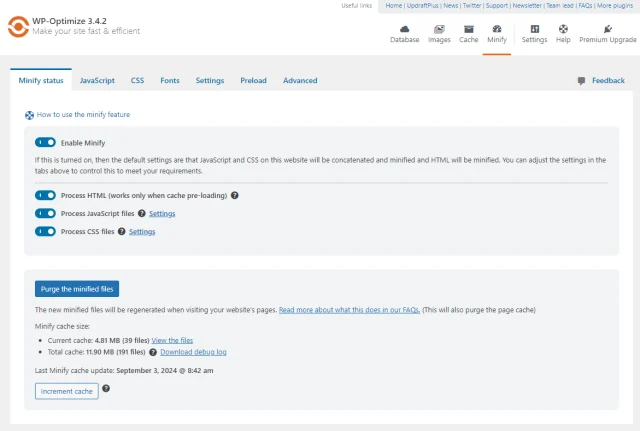 WP Optimize 'Minify Status' tab options