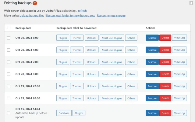 UpdraftPlus Existing backups log view