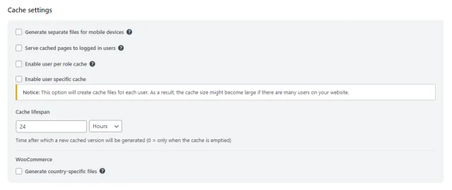 WP-Optimize cache settings options