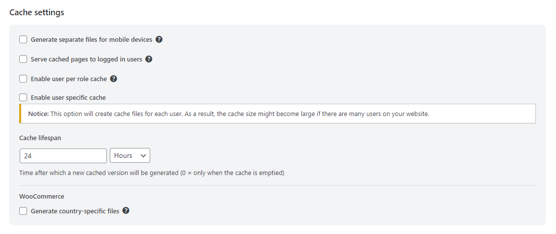 WP-Optimize cache settings options