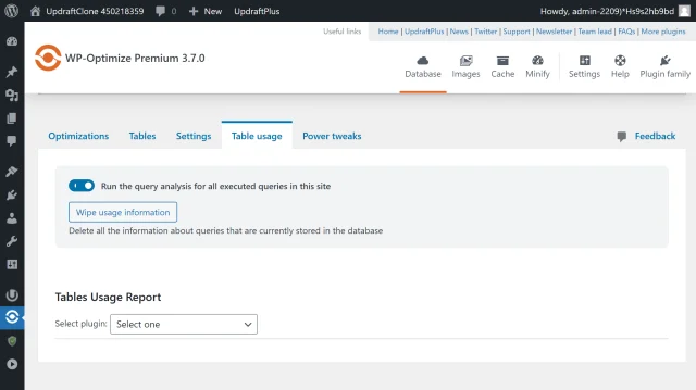 In 'Tables usage' tab, run the query analysis, then select the plugin from the 'Tables Usage Report' dropdown