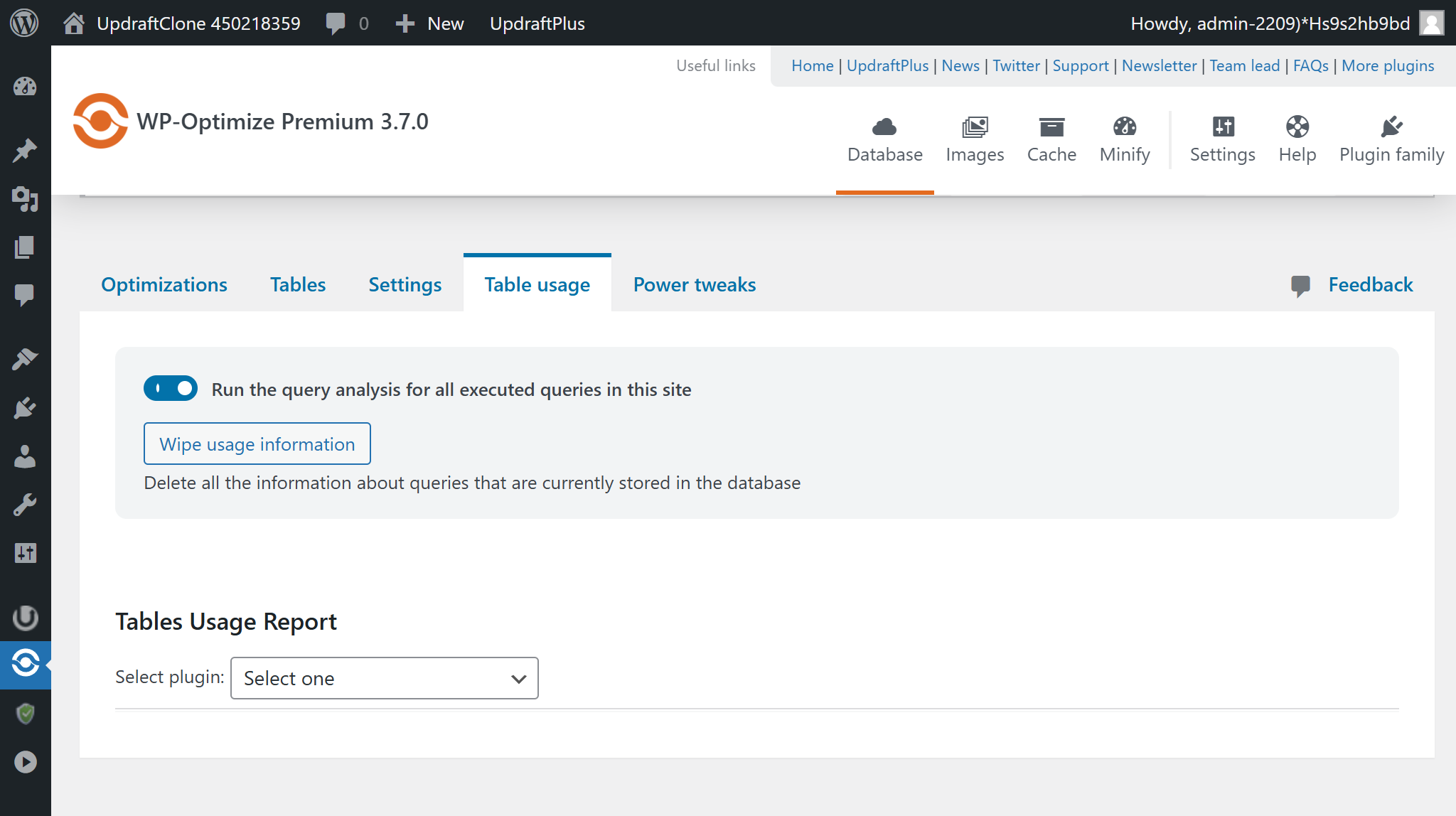 In 'Tables usage' tab, run the query analysis, then select the plugin from the 'Tables Usage Report' dropdown