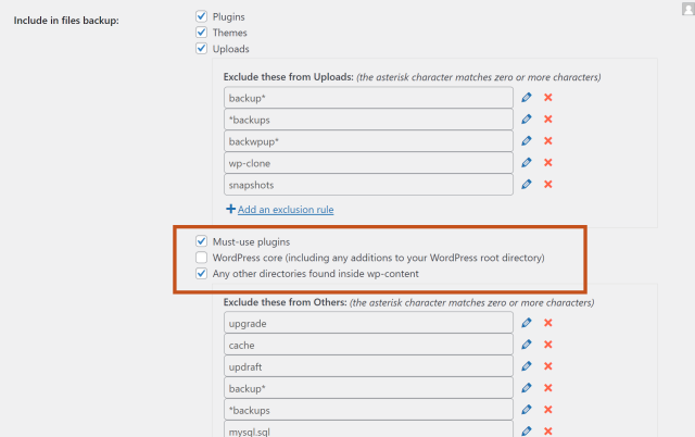 In the 'Include in files backup' section, select the checkboxes of the files you would like to backup