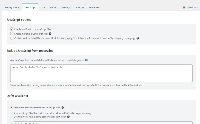 WP Optimize 'JavaScript' tab options