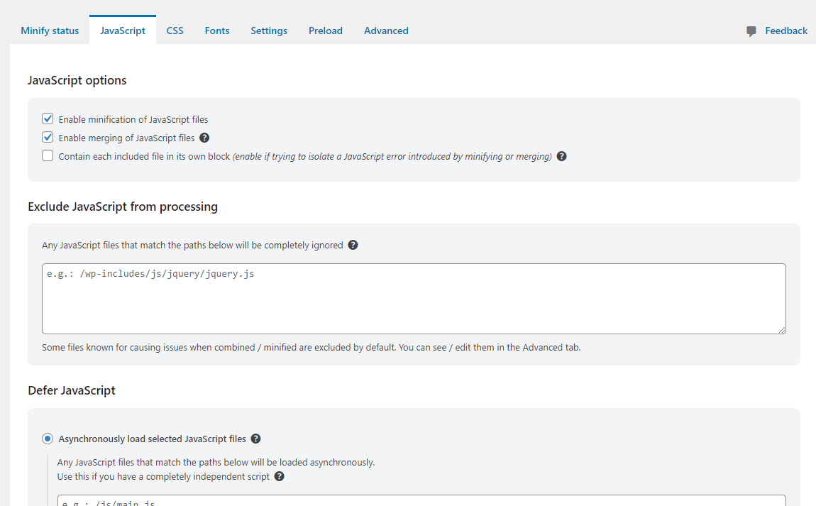 WP Optimize 'JavaScript' tab options
