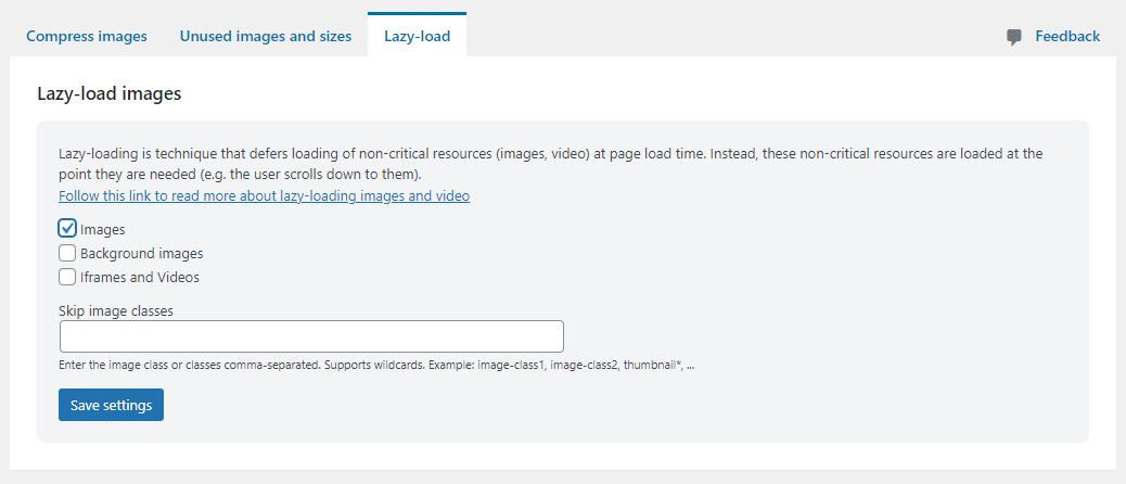 WP Optimize 'Lazy load' tab