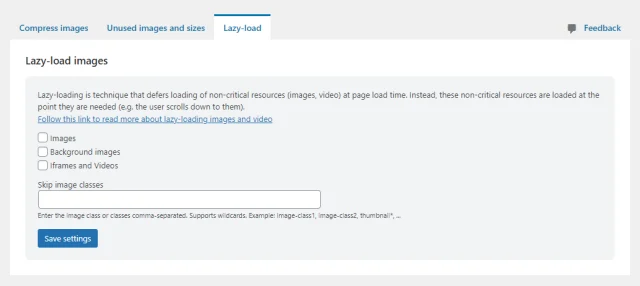 WP Optimize 'Lazy load' tab options