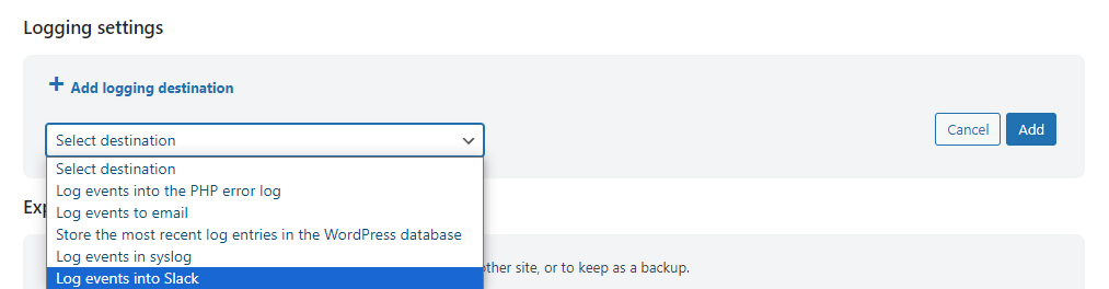 WP Optimize 'Logging settings' destination dropdown options