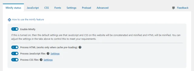 WP Optimize 'Minify Status' tab options