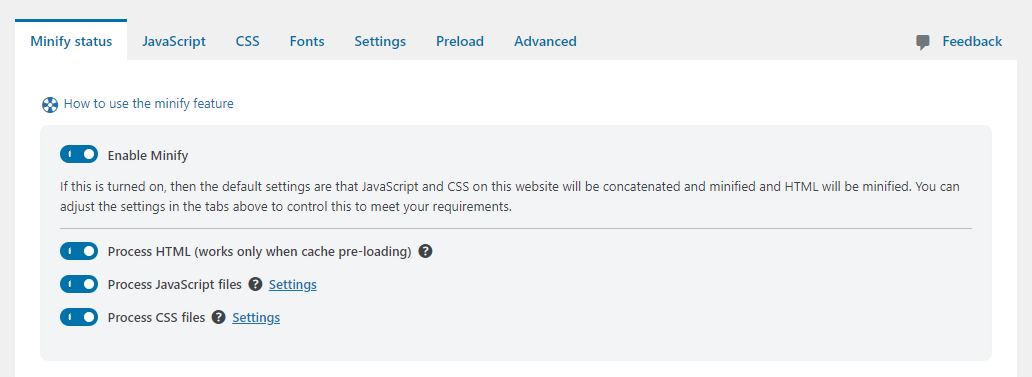 WP Optimize 'Minify Status' tab options