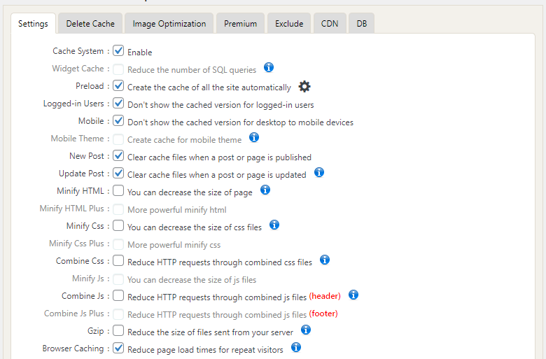 WP fastest cache settings