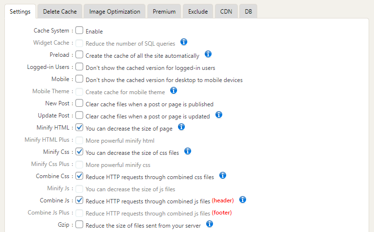 WP fastest cache settings