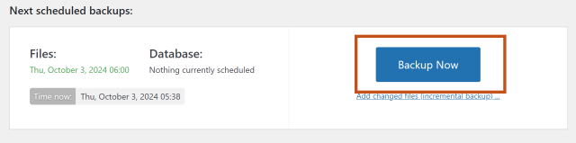 In the 'Next scheduled backups' section, select the 'Backup Now' button